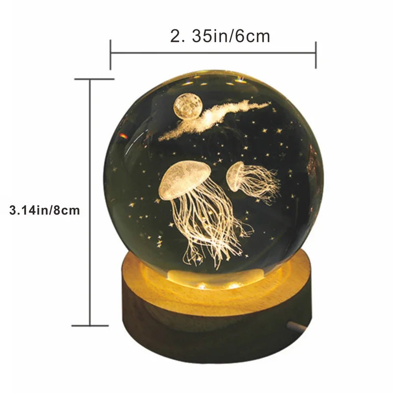 3D Jellyfish Laser Engraved Crystal Ball LED Night Light Gift