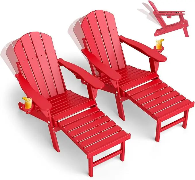 Set of 2 Adjustable Adirondack Chairs with Ottomans HDPE Plastic Folding