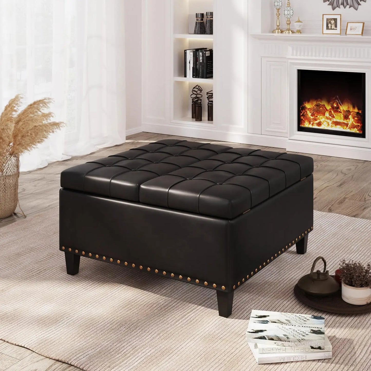 Vabches Square Ottoman Storage Bench Lift Top Faux Leather Footrest
