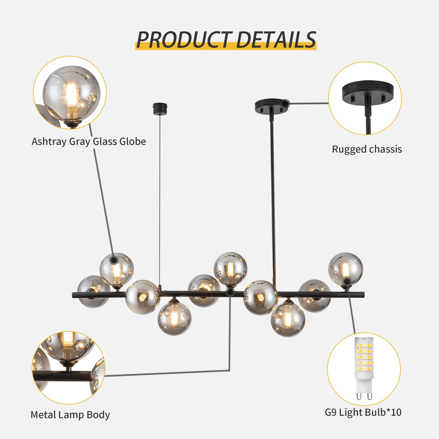 10 Light Matte Black Adjustable Chandelier Mid Century Smoked Globe Shades