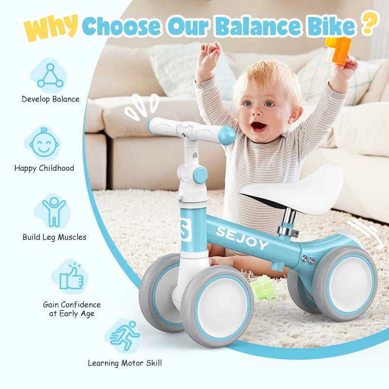 Sejoy Baby Balance Bike 4 Wheels For 10-36 Months Unisex Toddler First Bike Blue