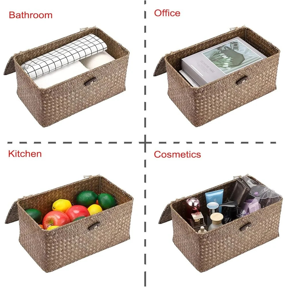 Handwoven Seagrass Storage Basket With Lid Rectangular For Home Office Gift Idea