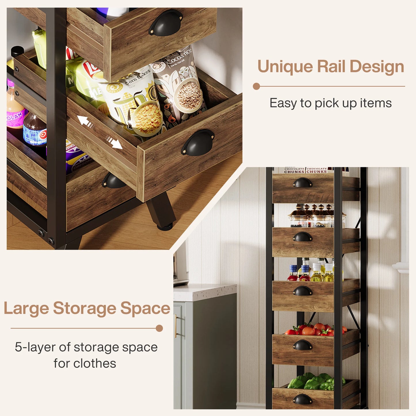 Tribesigns 5-Tier Wood Fruit and Vegetable Storage Rack Narrow Kitchen Stand