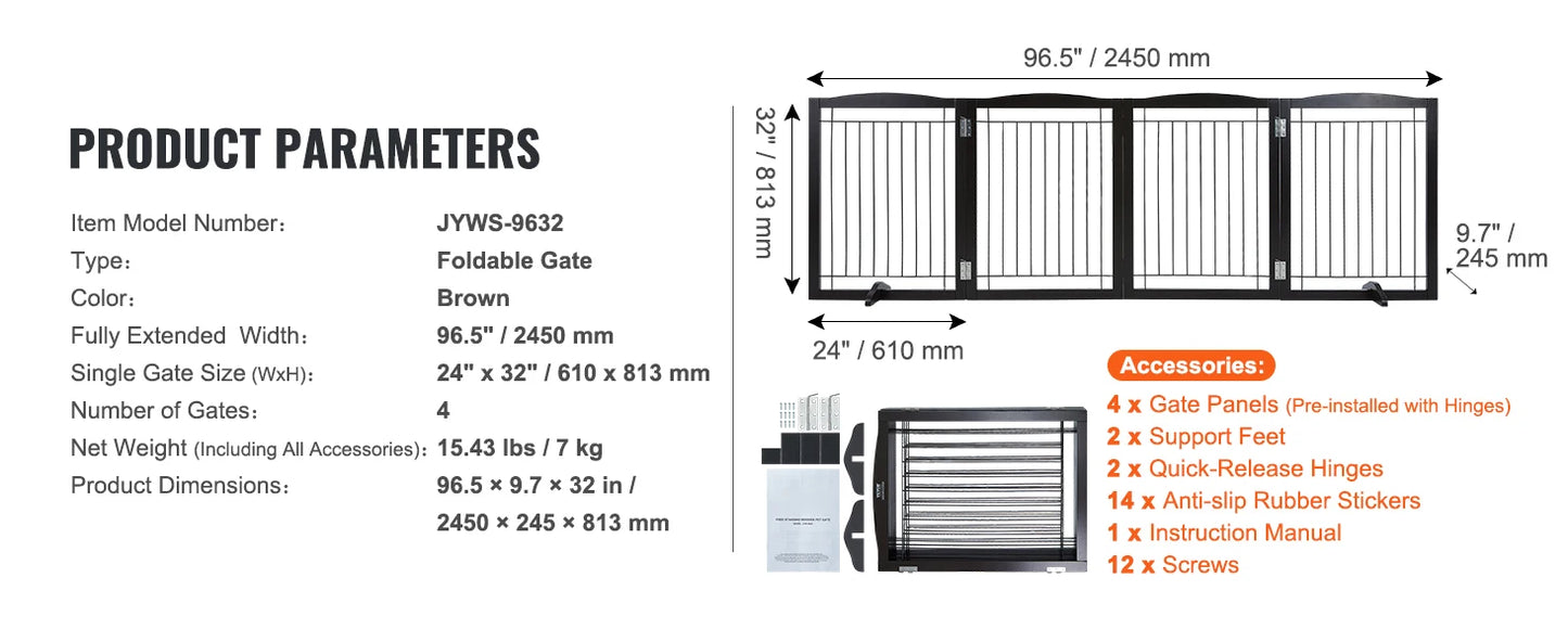 SucceBuy Free Standing Dog Gate 3 Panels Foldable Expandable For Narrow Passages