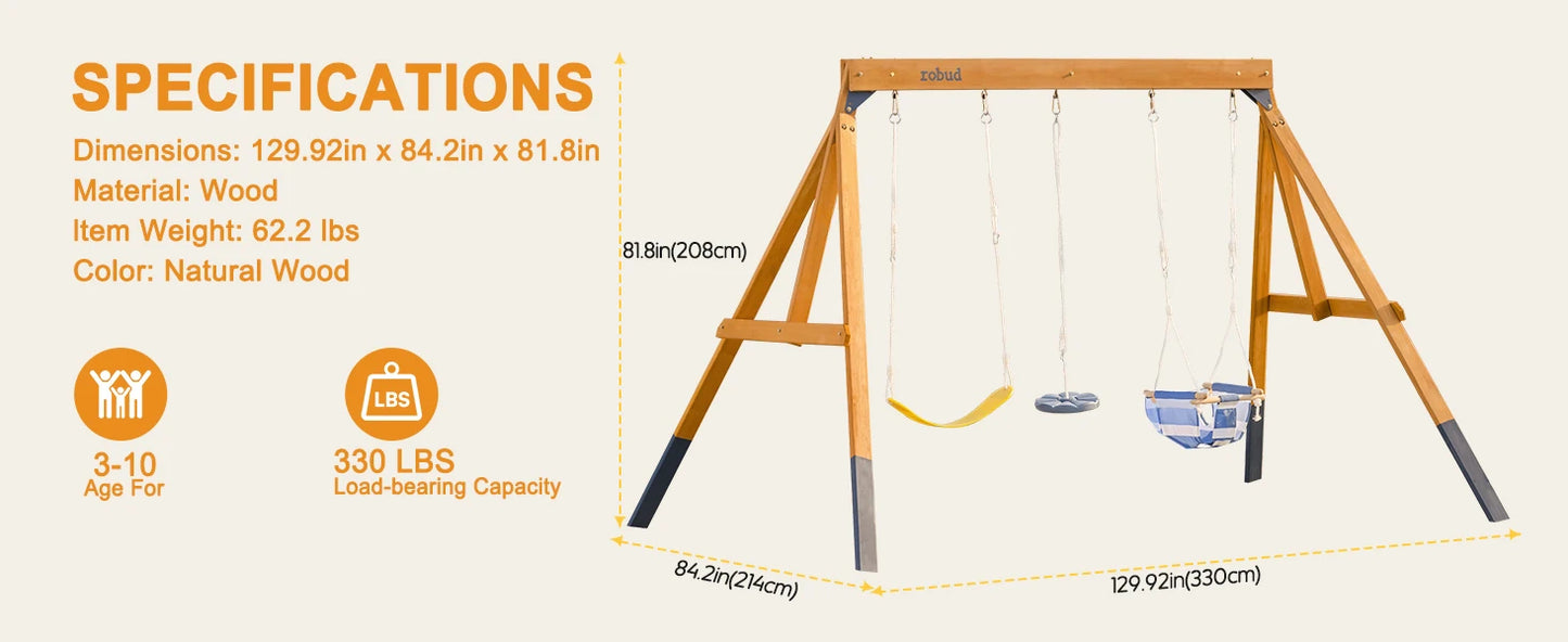 Robotime Robud 3 In 1 Wooden Playground Swing Set For Backyard With Tree Swing