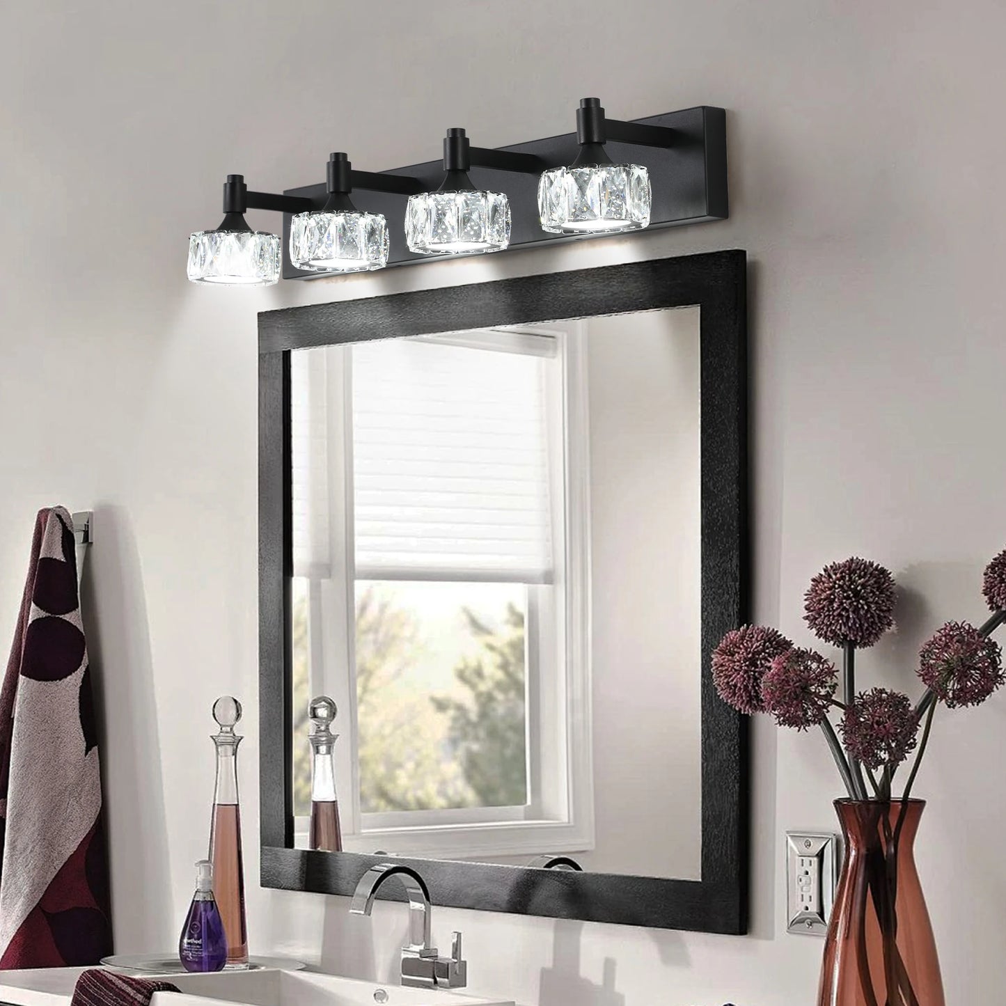 LED Vanity Light 4 Light Matte Black Fixture With Crystal Glass Shades