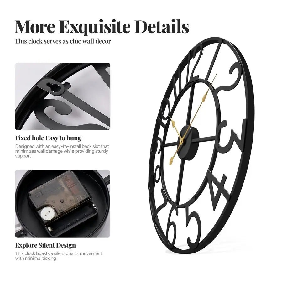 30 Inch Metal Wall Clock Silent Non Ticking Battery Operated Modern Black Decor