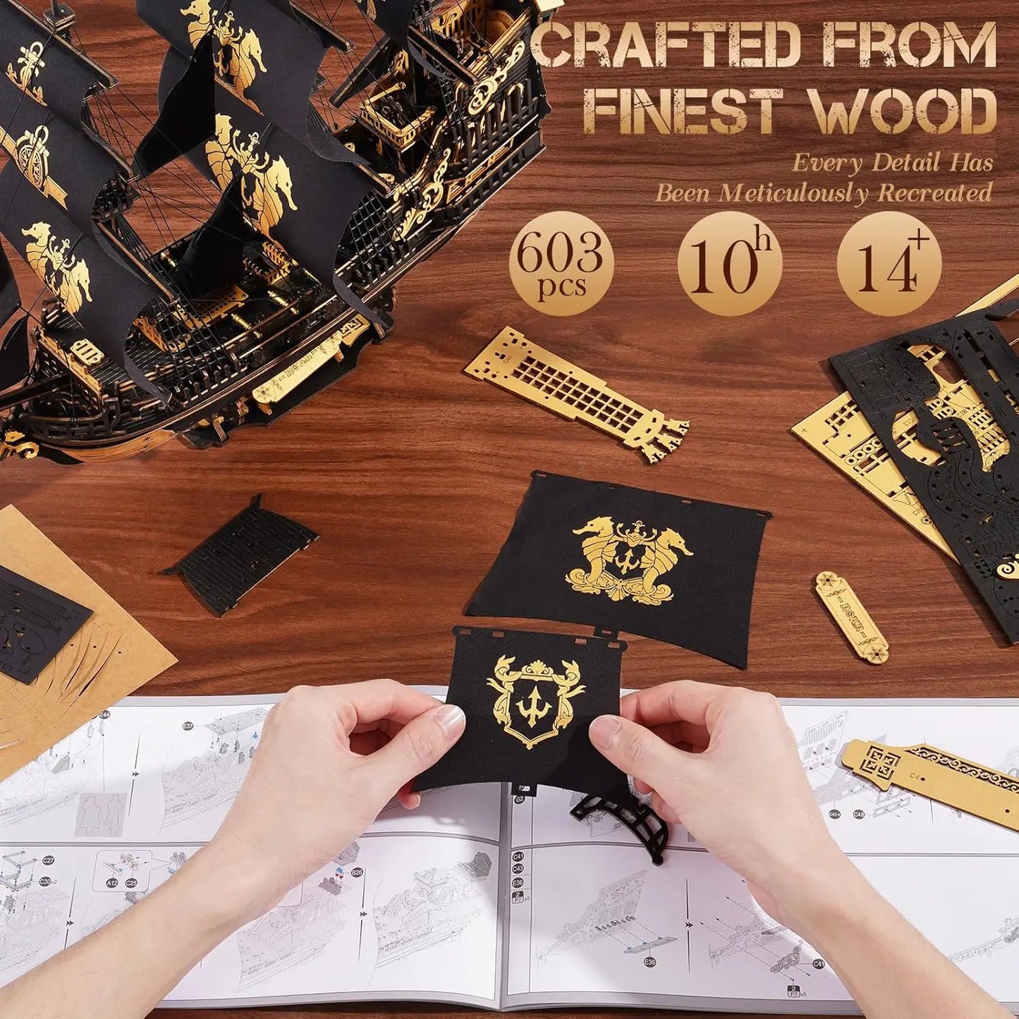 Robotime Rokr 3D Puzzle Seahorse Barque Wooden Model Kit For Teens And Adults