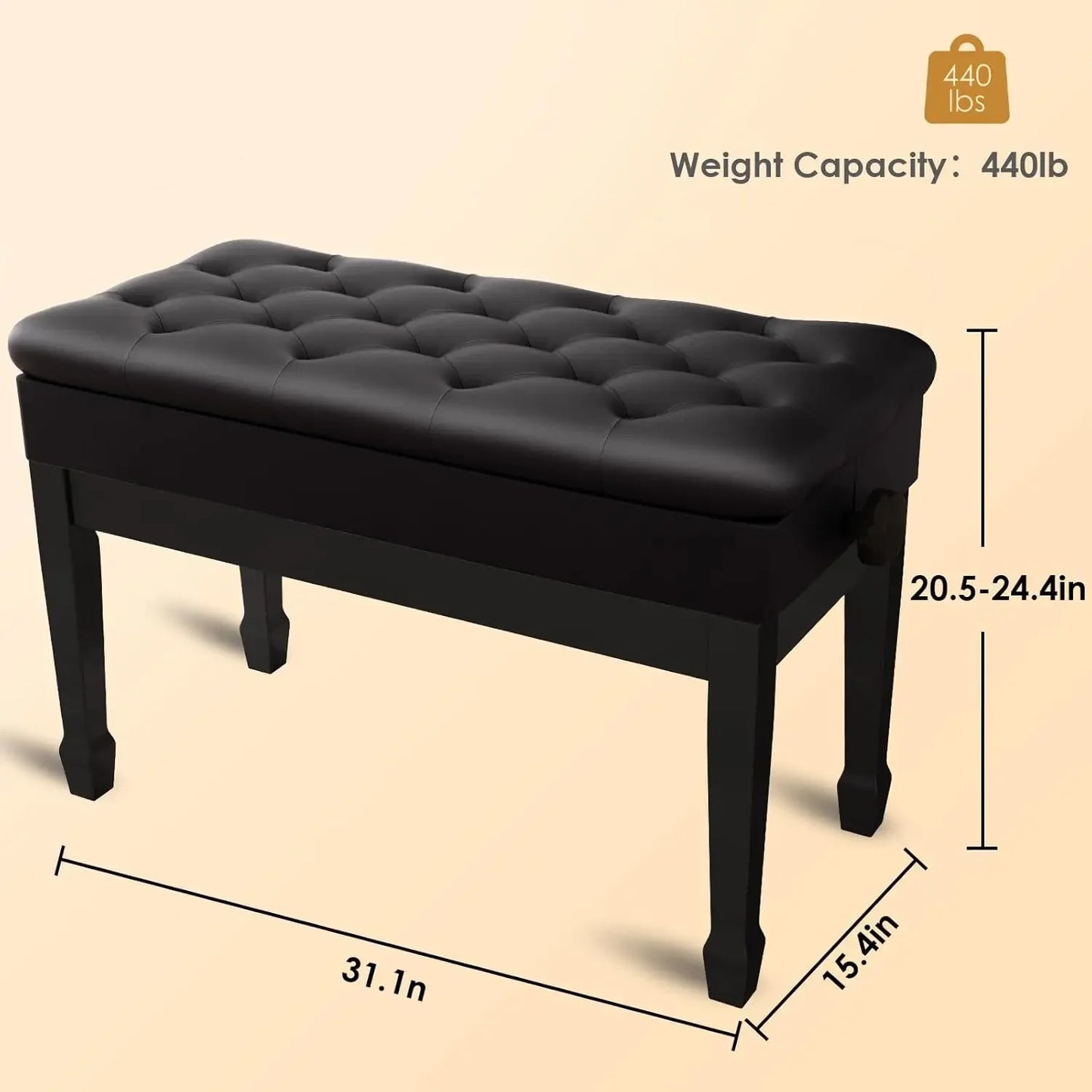 Double Piano Bench Leather With Storage Adjustable Cushion Black