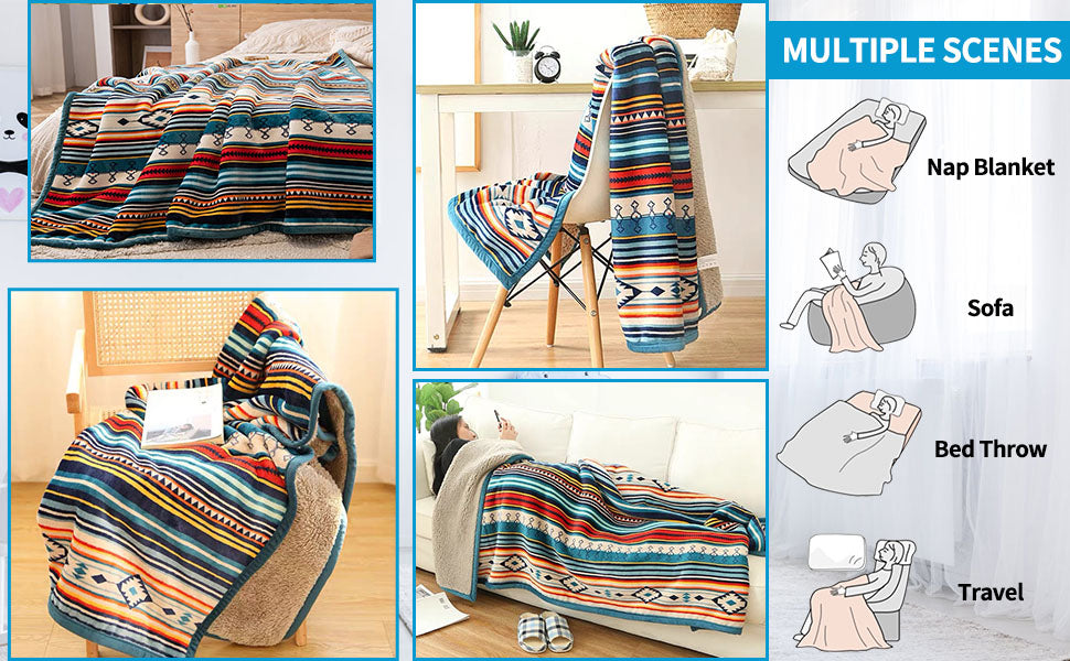Lightweight Boho Sherpa Throw 50x60 Striped Blanket Plush Microfiber