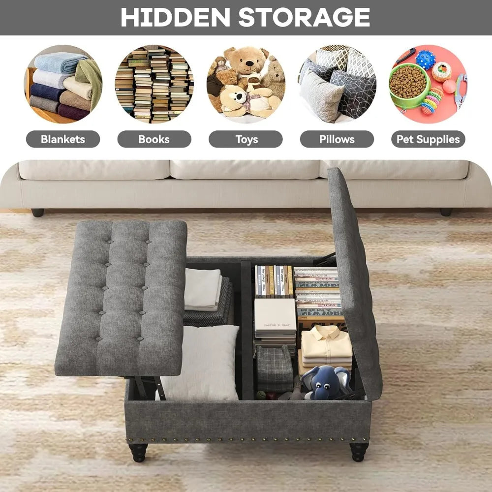 Chenille Ottoman Coffee Table With Large Storage Dark Grey Easy Assembly