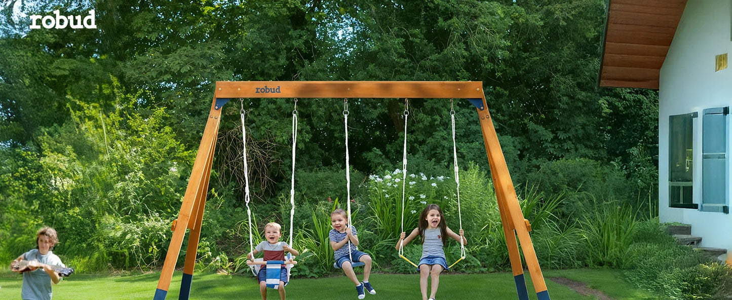 Robotime Robud 3 In 1 Wooden Playground Swing Set For Backyard With Tree Swing