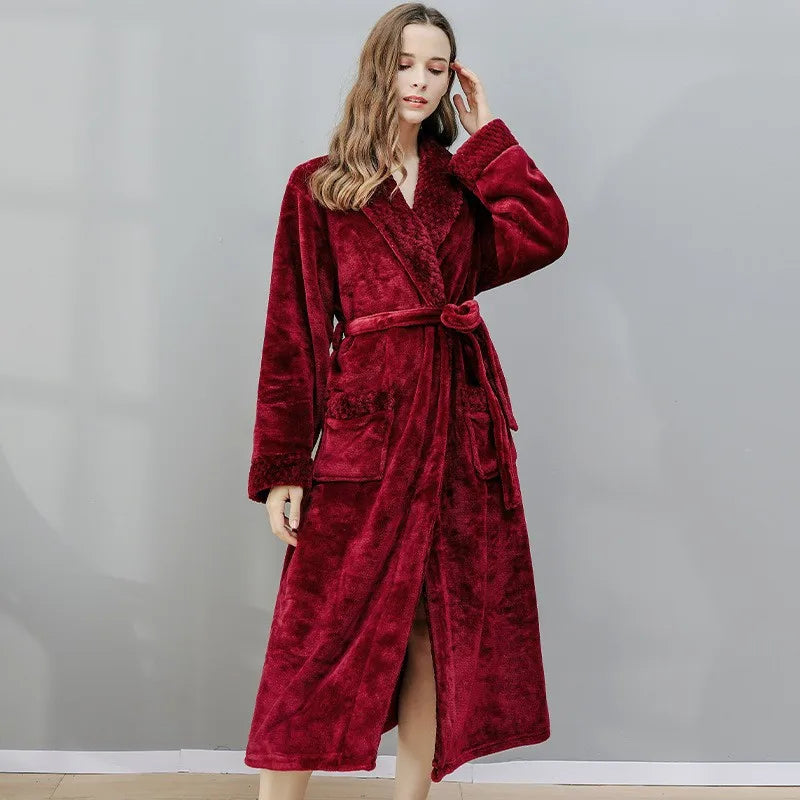 Winter Warm Thick Long Coral Velvet Bathrobe For Adults Women Men