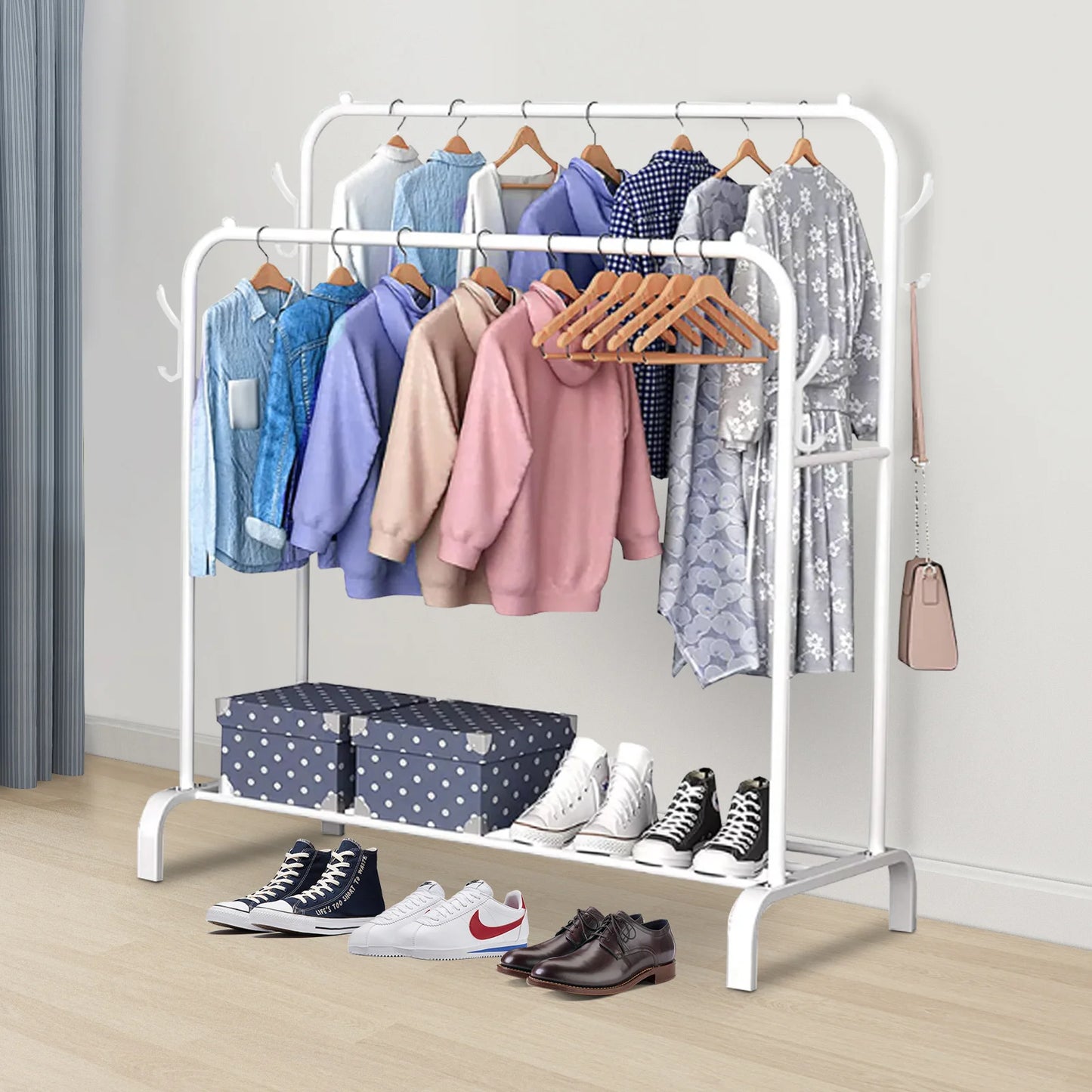 Double Rod Clothing Rack With Shelves On Wheels Metal Garment Organizer
