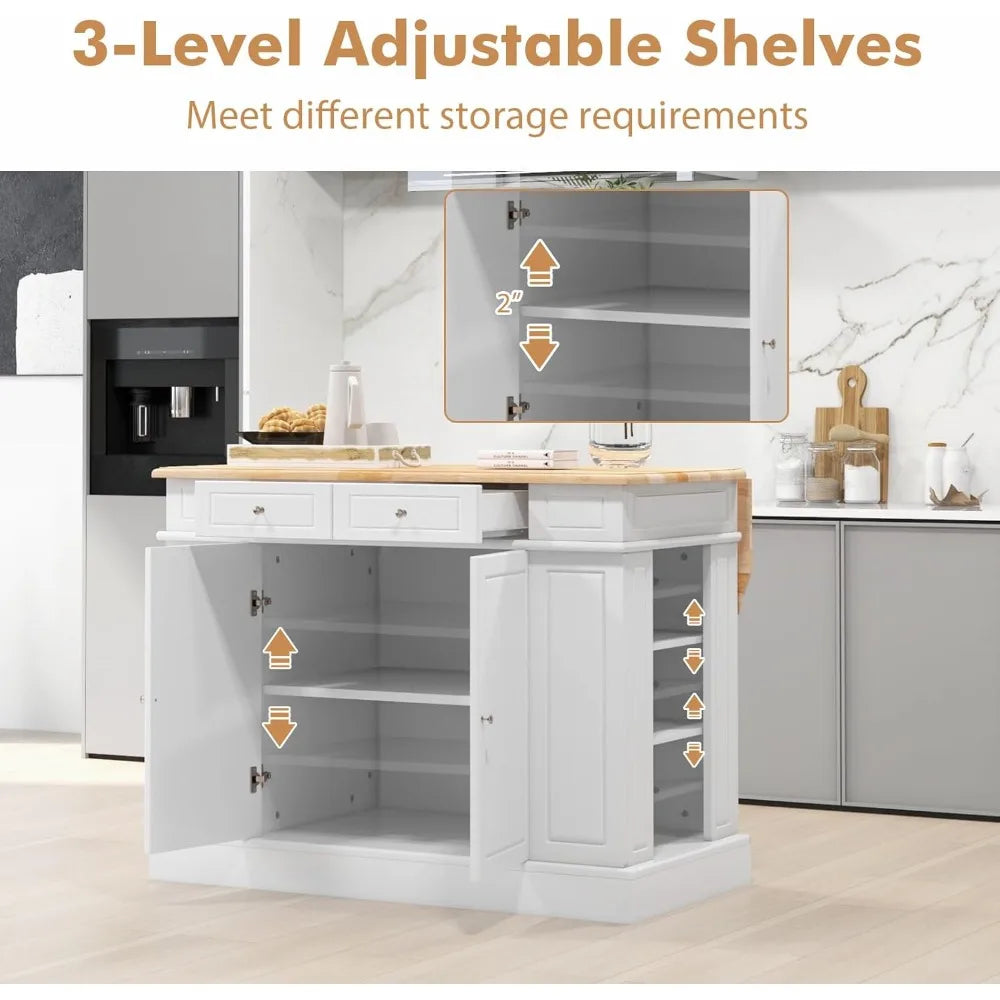 Kitchen Island With Drop Leaf Rubber Wood Top Storage Cabinet With 2 Drawers