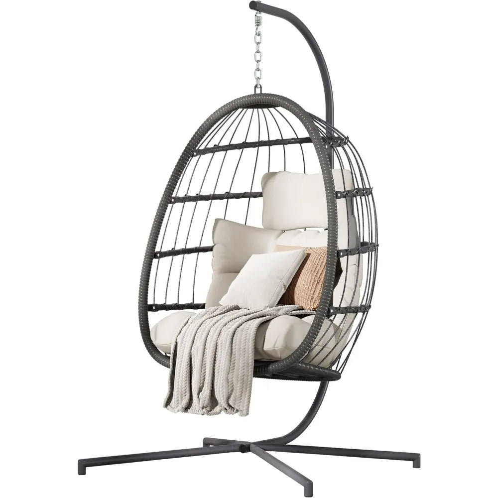Hanging Egg Chair With Stand Beige Patio Wicker Hammock With Cushion Outdoor