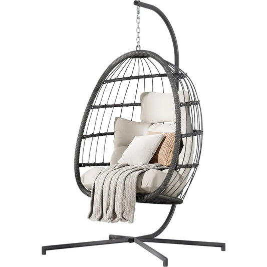 Hanging Egg Chair With Stand Beige Patio Wicker Hammock With Cushion Outdoor