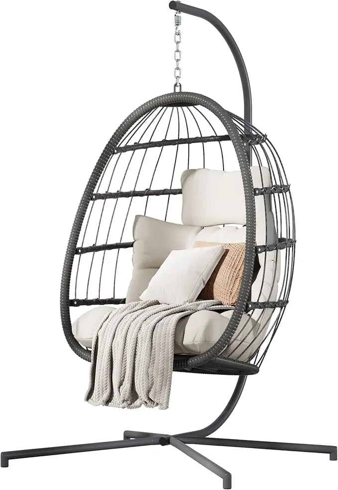 Hanging Egg Chair With Stand Beige Patio Wicker Hammock With Cushion Outdoor