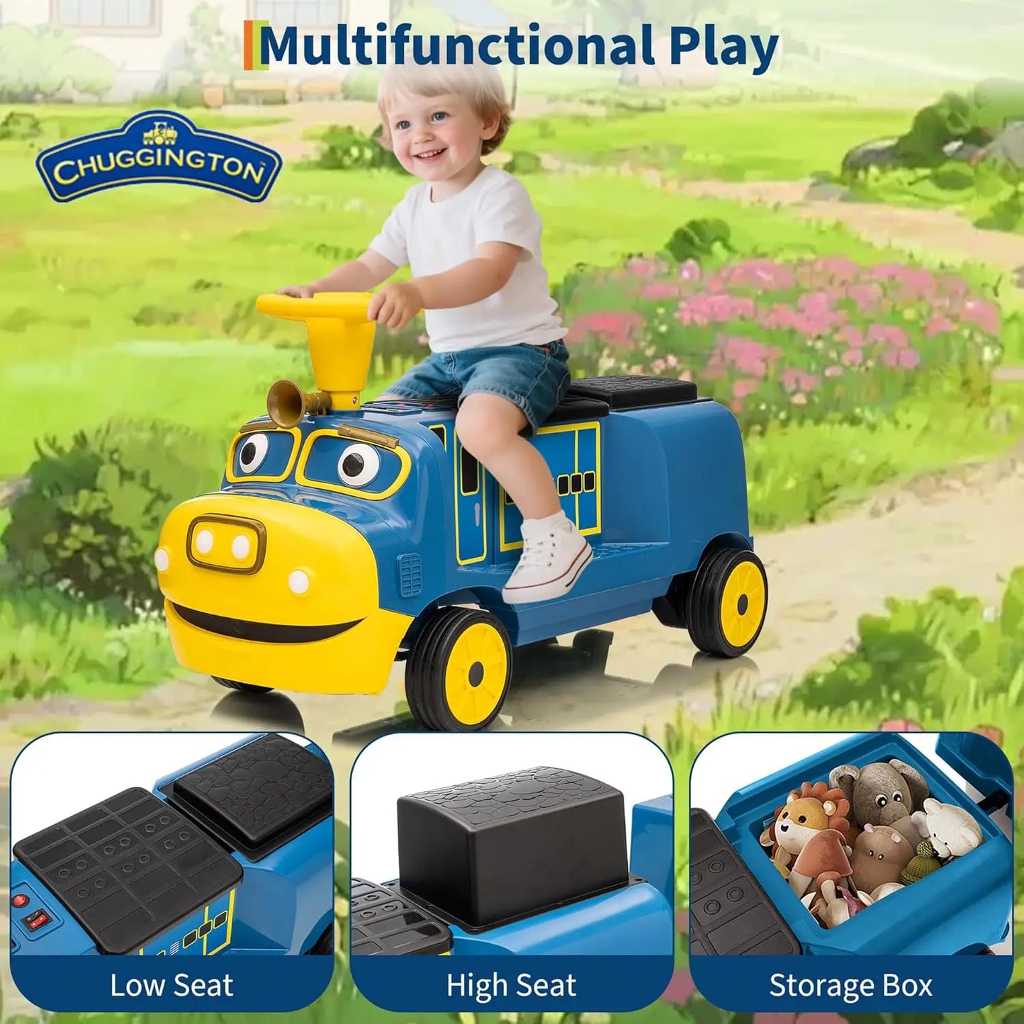 2 Seater 12V Trackless Ride On Train For Kids With Adjustable Seat And Storage