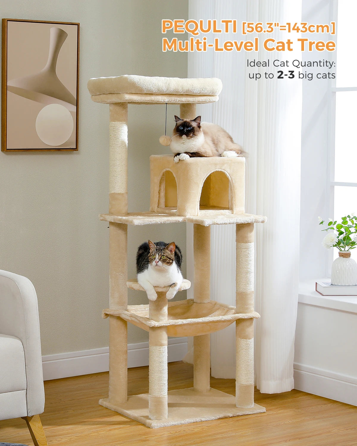 PAWZ Road 5 Level Cat Tree for Indoor Large Cats With Hammock and Sisal Posts