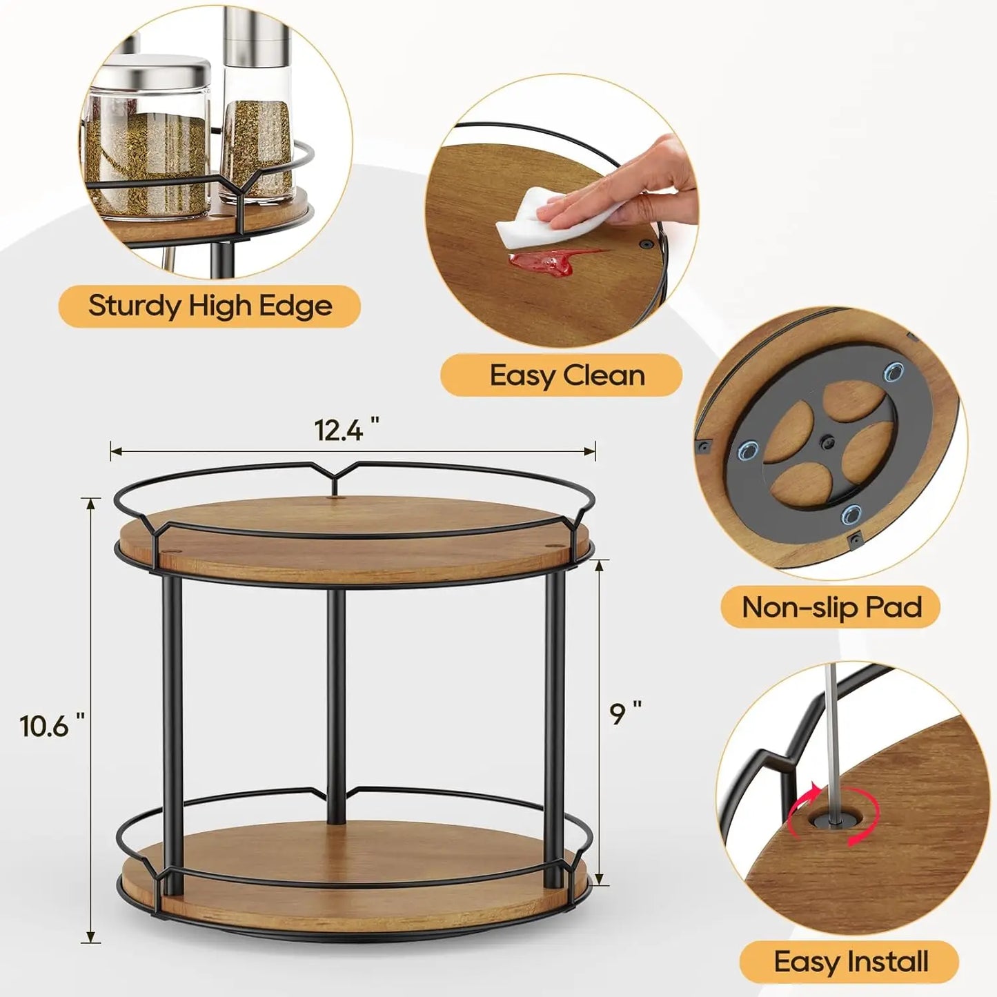 Triple Tier Wooden Rotating Spice Rack Organizer for Kitchen Pantry and Bathroom