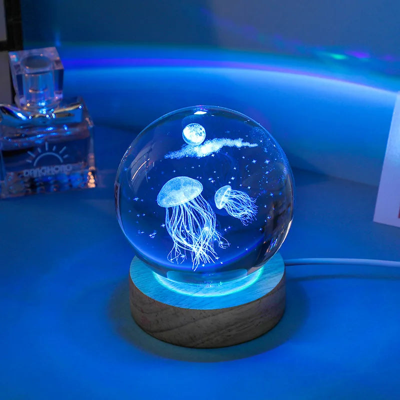 3D Jellyfish Laser Engraved Crystal Ball LED Night Light Gift