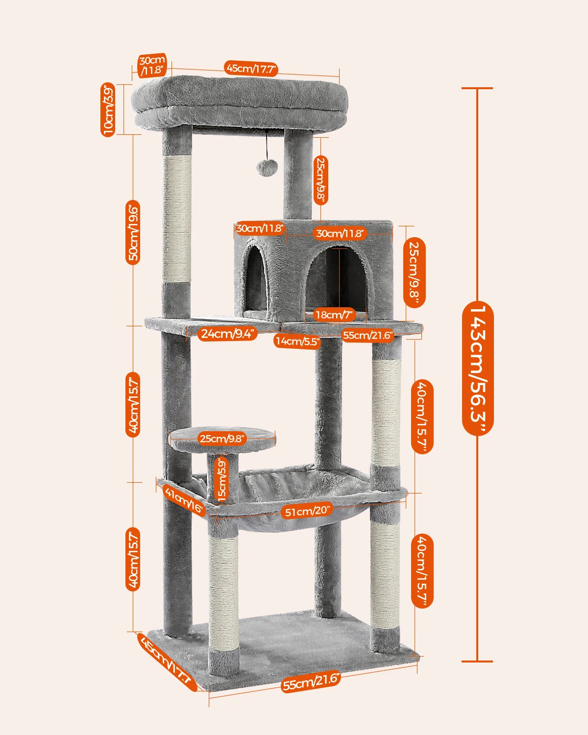 PAWZ Road 5 Level Cat Tree for Indoor Large Cats With Hammock and Sisal Posts