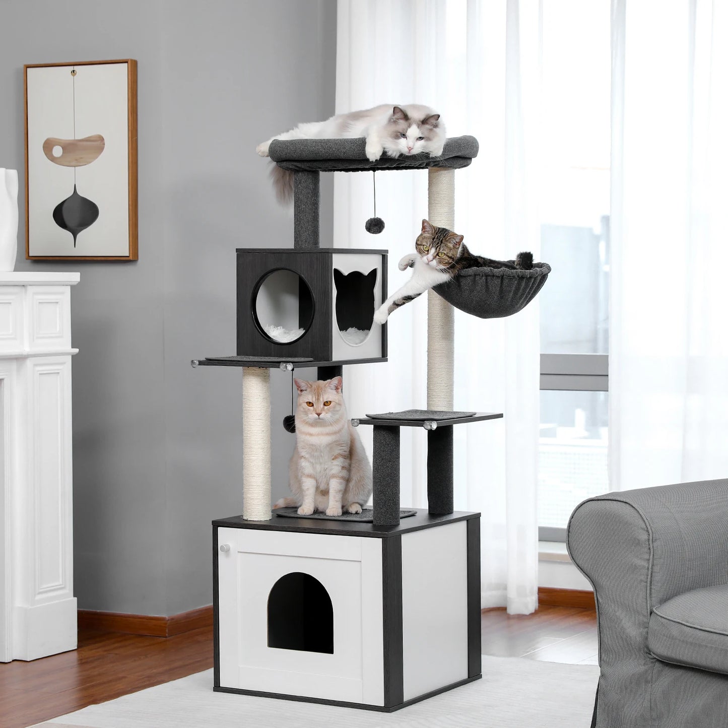 Multi Level Cat Tree Indoor Wood Cat Tower With Scratching Posts And Hammock