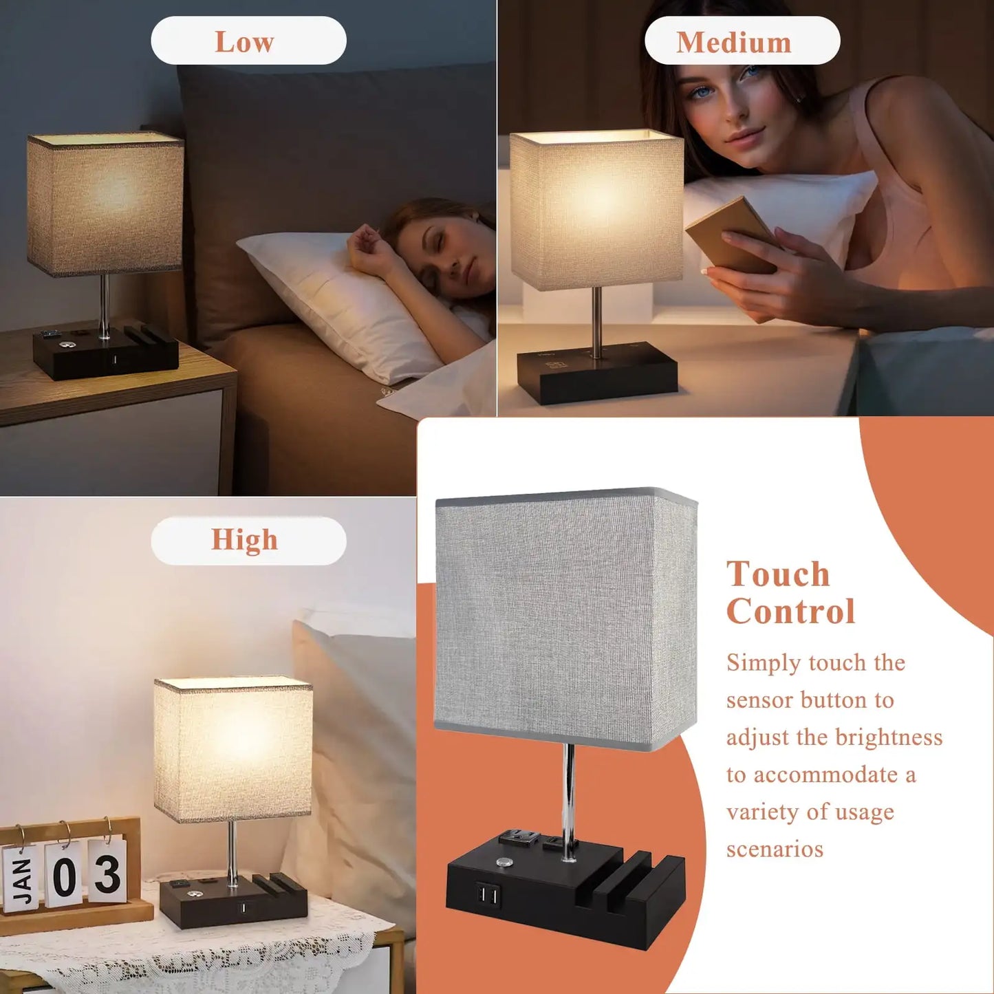 SZRSTH 15.7 Inch Bedside Table Lamp With Dual Fast USB Charging And Dimmable LED