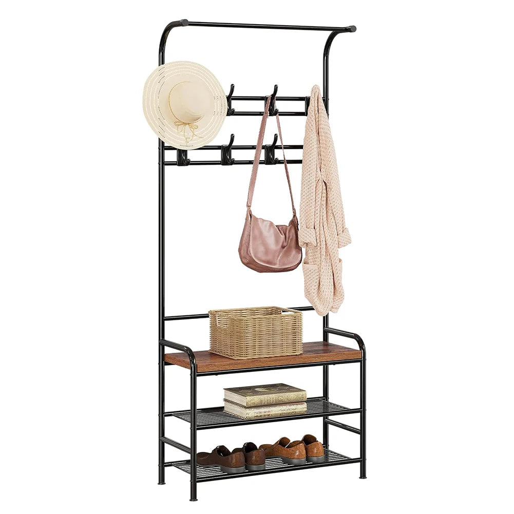3-in-1 Hall Tree Shoe Rack for Entryway, Coat Tree with 3-Tier Storage Shelf and 8 Hooks, Multifunctional Hallway Organizer