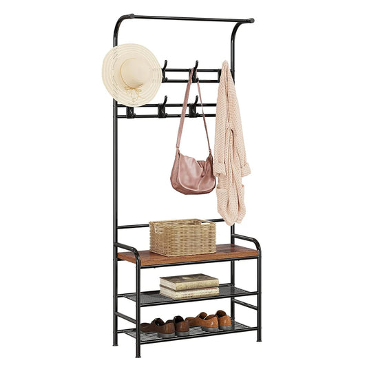 3-in-1 Hall Tree Shoe Rack for Entryway, Coat Tree with 3-Tier Storage Shelf and 8 Hooks, Multifunctional Hallway Organizer