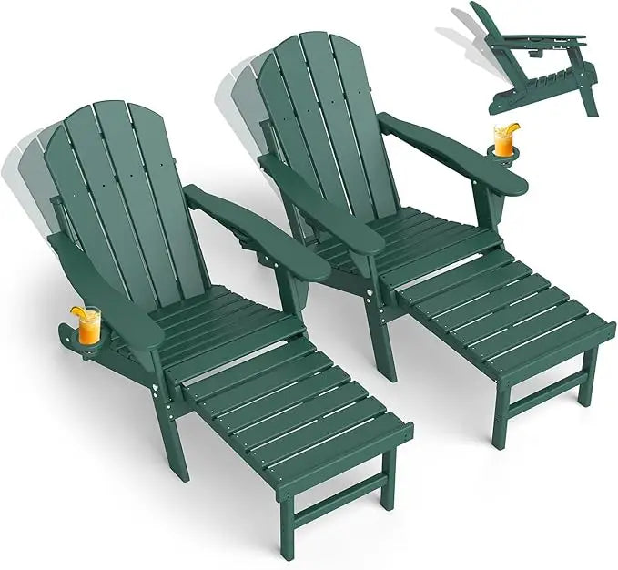 Set of 2 Adjustable Adirondack Chairs with Ottomans HDPE Plastic Folding