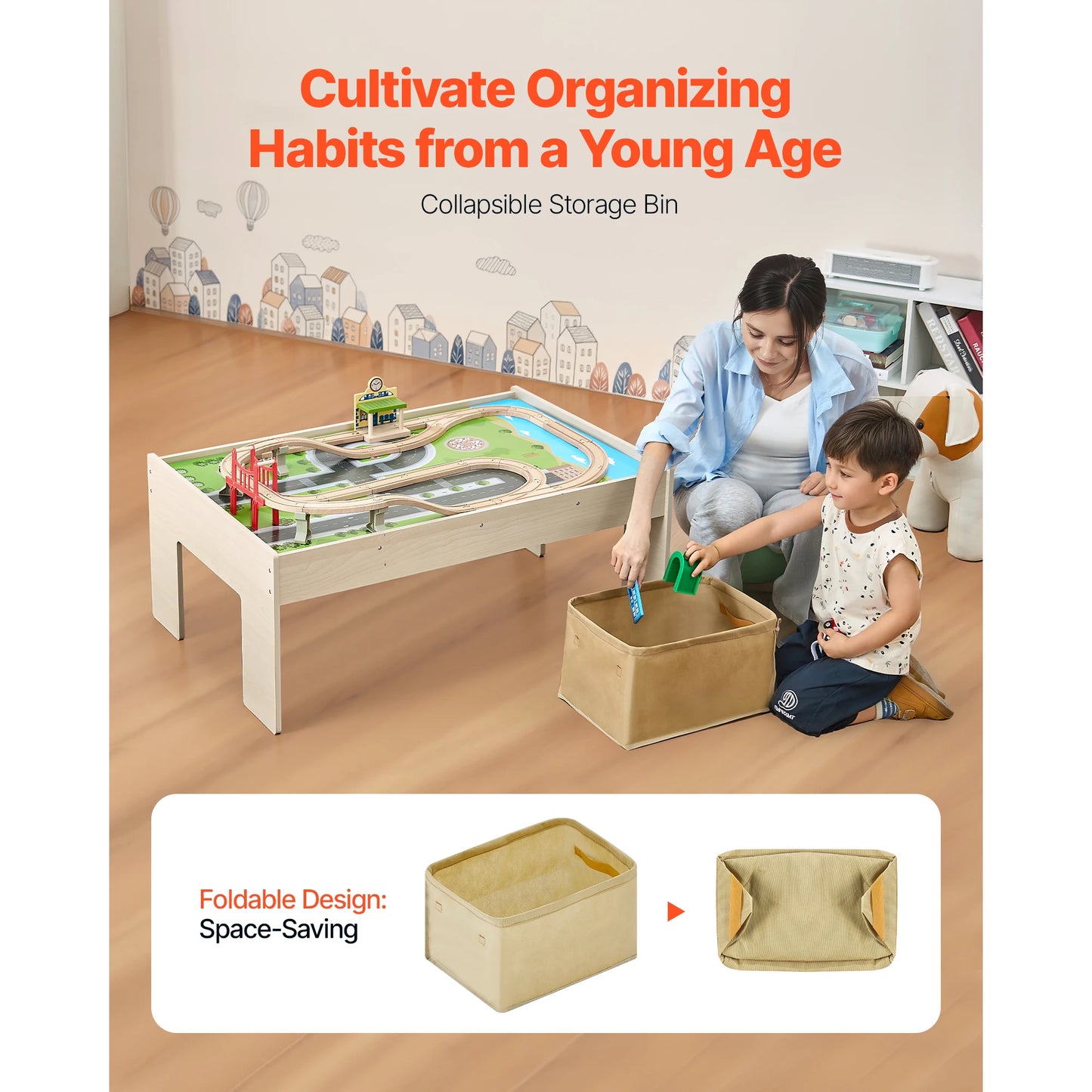 SucceBuy Kids Wooden Train Table Set 84 Piece Colorful Activity Storage Bin