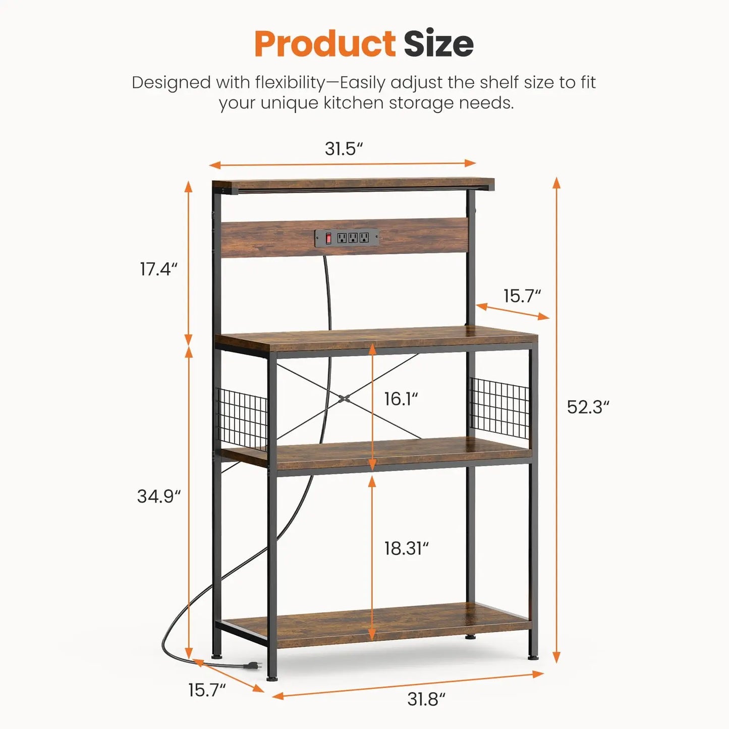 JHK 31.5 Inch Kitchen Bakers Rack Power Outlet And Microwave Oven Stand
