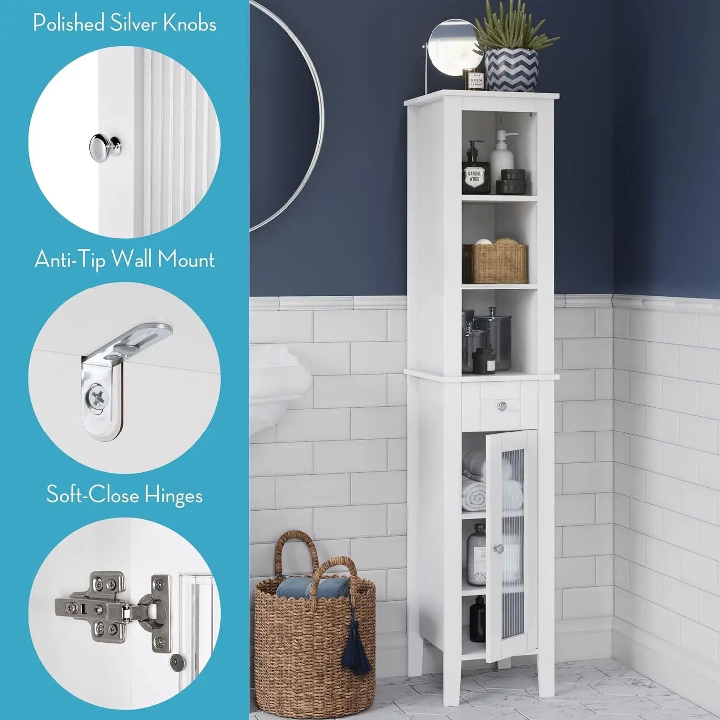 Slim Tall Bathroom Storage Cabinet With Glass Door And Shelves For Bathrooms