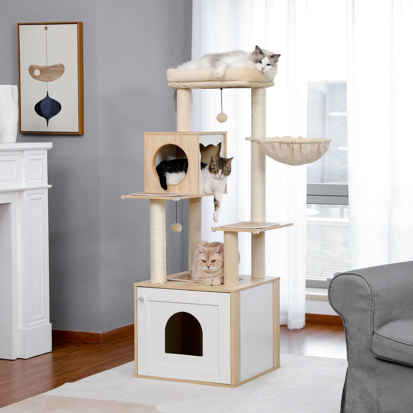Multi Level Cat Tree Indoor Wood Cat Tower With Scratching Posts And Hammock