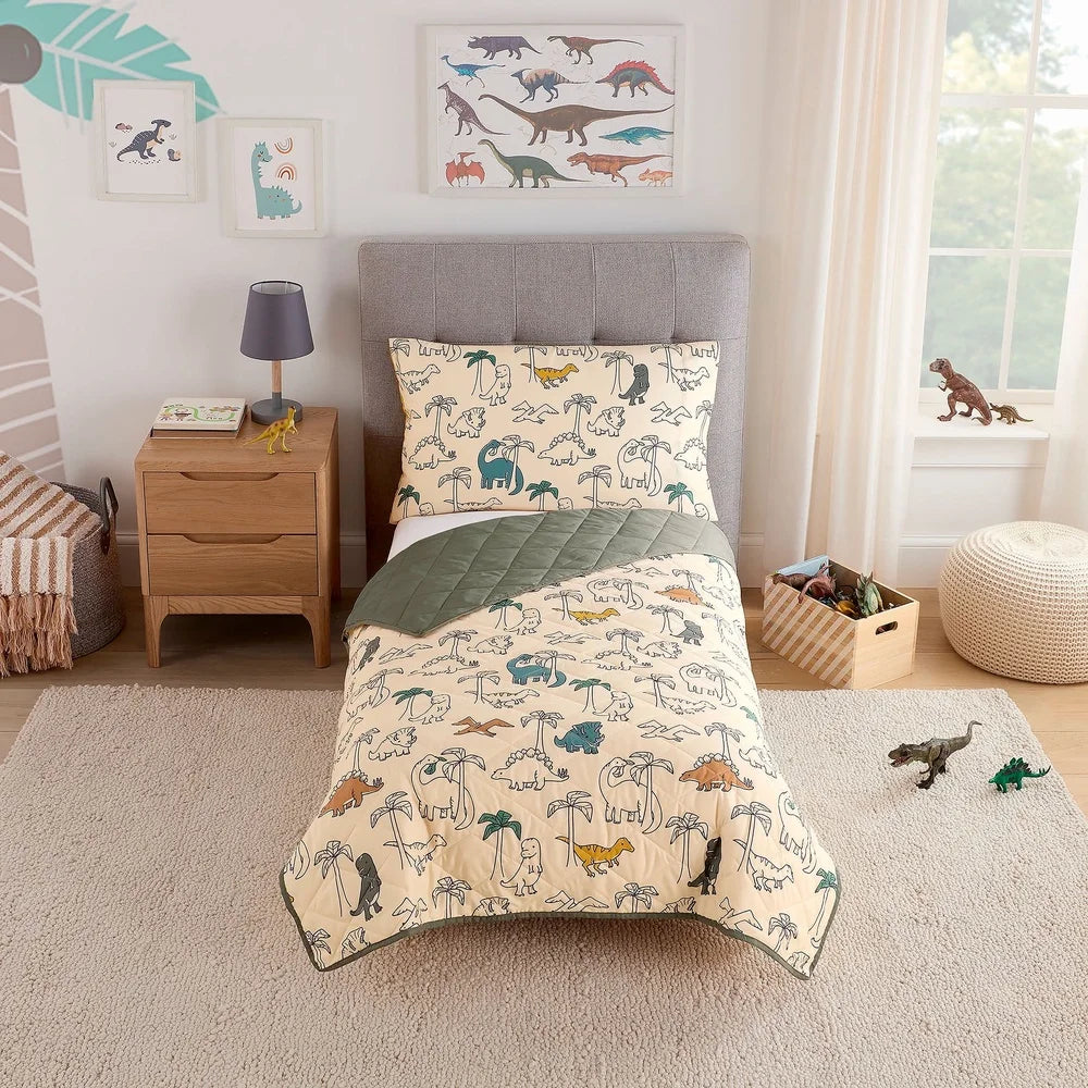 Dino Toddler Bedding Set 2-Piece Comforter and Pillowcase Soft Cozy Machine Washable Friendly Design Kids 42x57 Inches