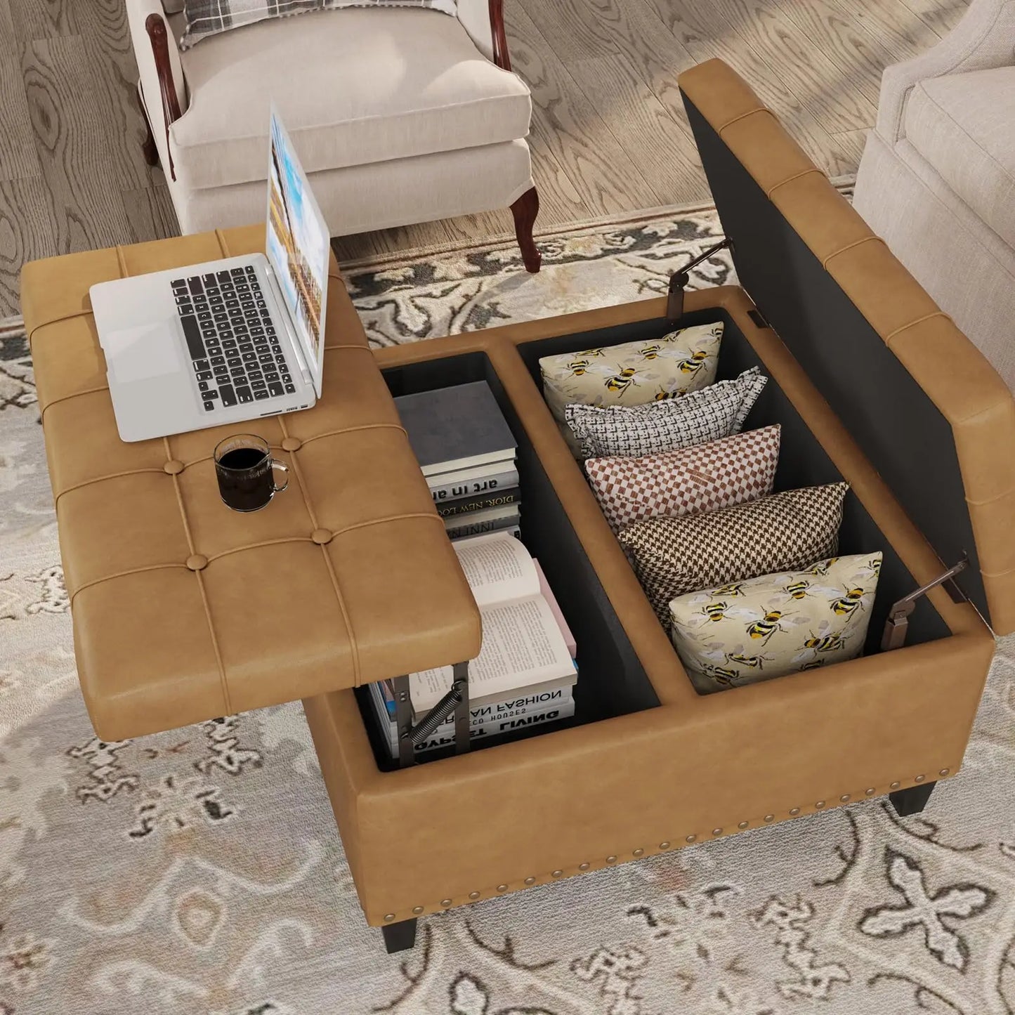 Vabches Square Ottoman Storage Bench Lift Top Faux Leather Footrest