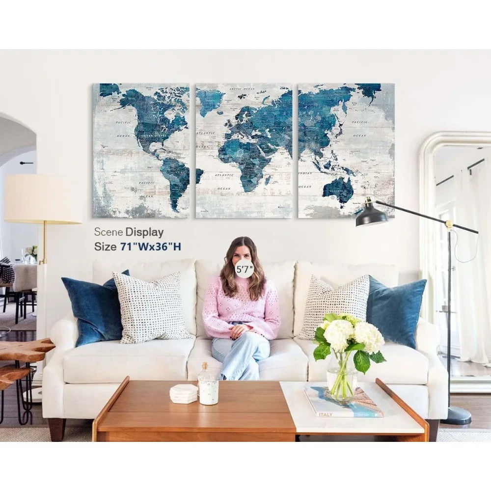 Three Piece Map Canvas Art Set For Living Room Blue Grey Wall Decor