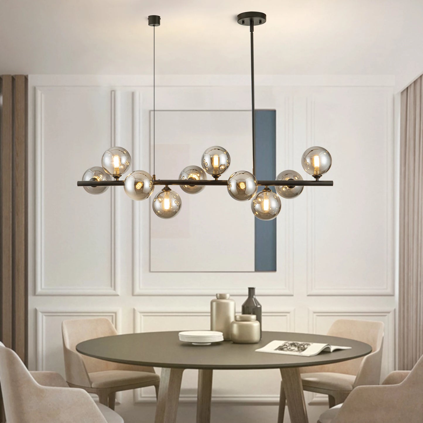 10 Light Matte Black Adjustable Chandelier Mid Century Smoked Globe Shades