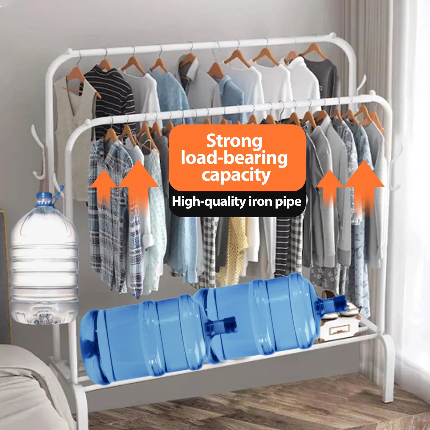 Double Rod Clothing Rack With Shelves On Wheels Metal Garment Organizer