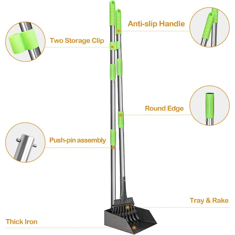 Dog Poop Scoop With Long Handle Stainless Steel Tray And Rake For Medium Dogs