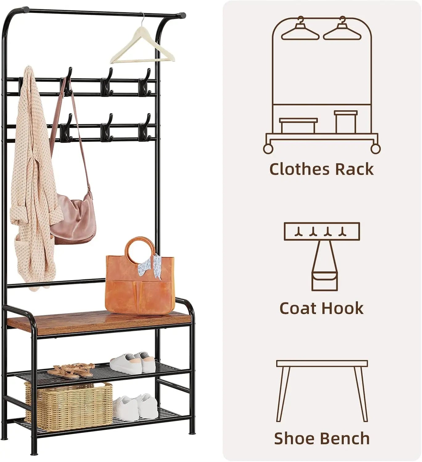 3-in-1 Hall Tree Shoe Rack for Entryway, Coat Tree with 3-Tier Storage Shelf and 8 Hooks, Multifunctional Hallway Organizer
