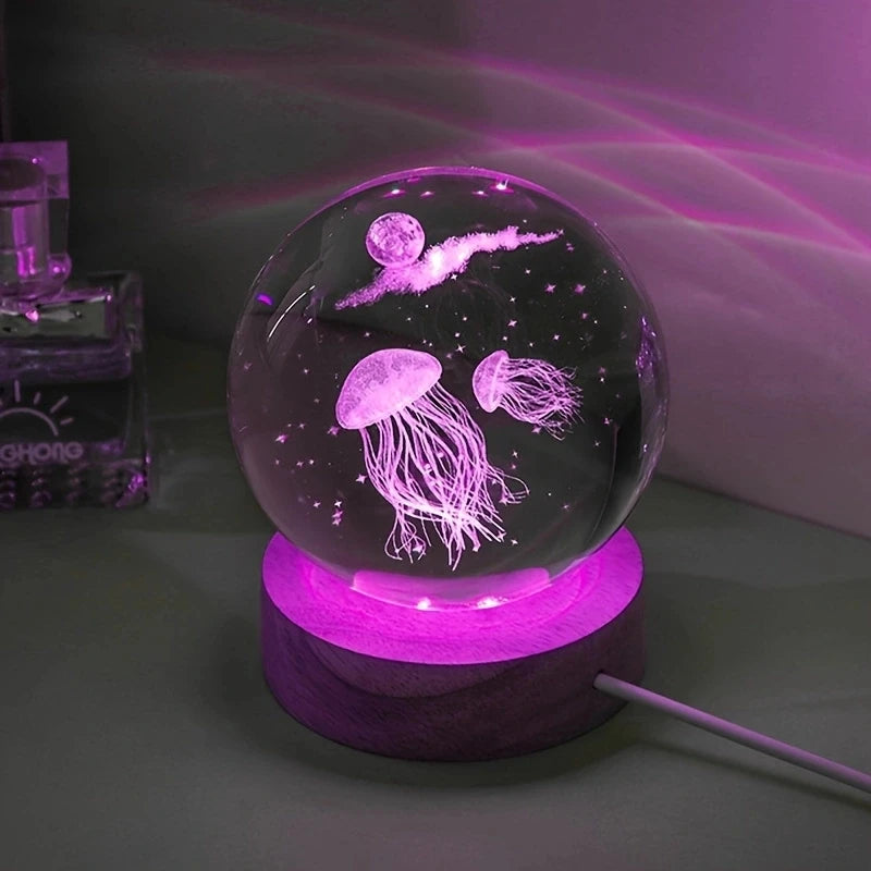 3D Jellyfish Laser Engraved Crystal Ball LED Night Light Gift