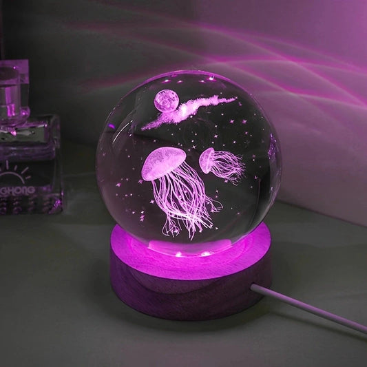 3D Jellyfish Laser Engraved Crystal Ball LED Night Light Gift