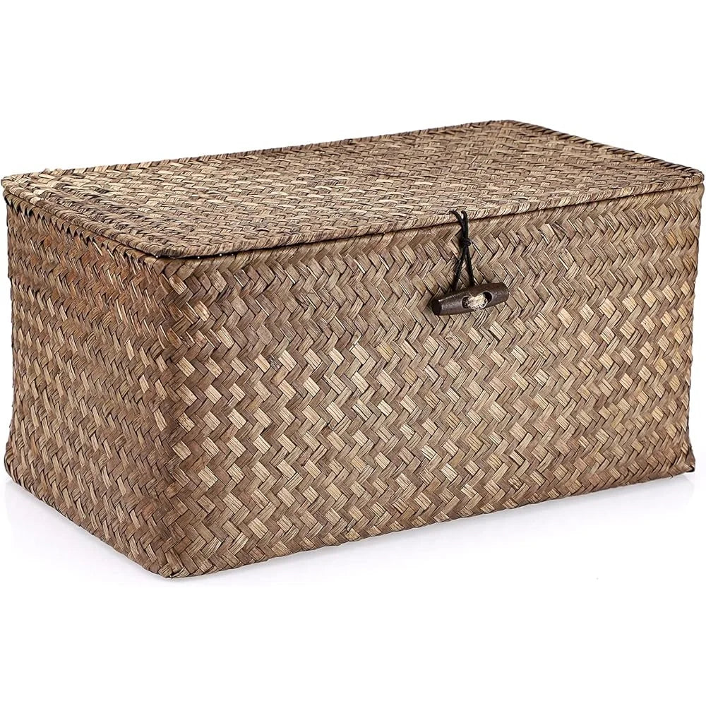 Handwoven Seagrass Storage Basket With Lid Rectangular For Home Office Gift Idea