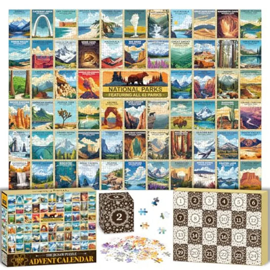 National Park Puzzle Advent Calendar 2025 for Adults and Teens: 1008Piece Countdown to Christmas with 63 Travel Poster Landscap