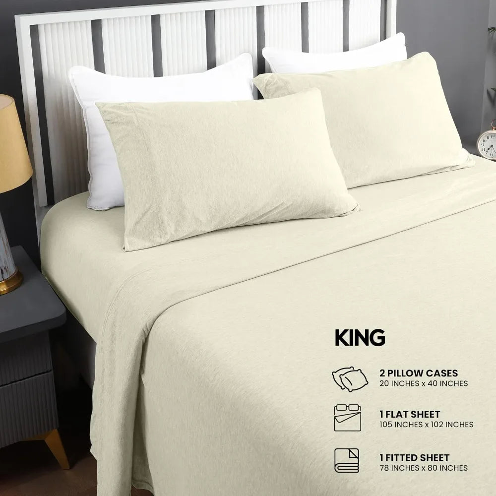 King Jersey Knit Sheet Set 4-Piece - Soft Stretchy Cotton Blend Bedding in Heather Oatmeal