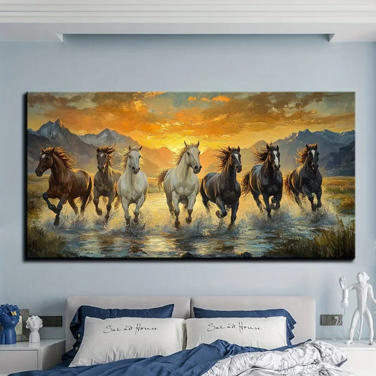 Feng Shui Seven Horses Sunset Canvas Art With Pine Frame Waterproof 1.5 Inch