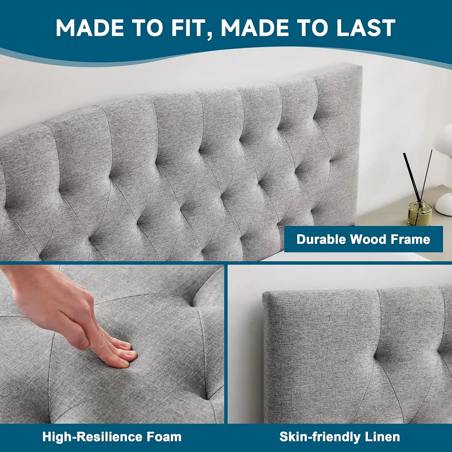 Adjustable Height King Headboard Diamond Tufted Linen Upholstered Light Gray